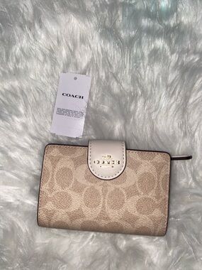 Coach Signature Small Zip Around Wallet in Beige and Cream